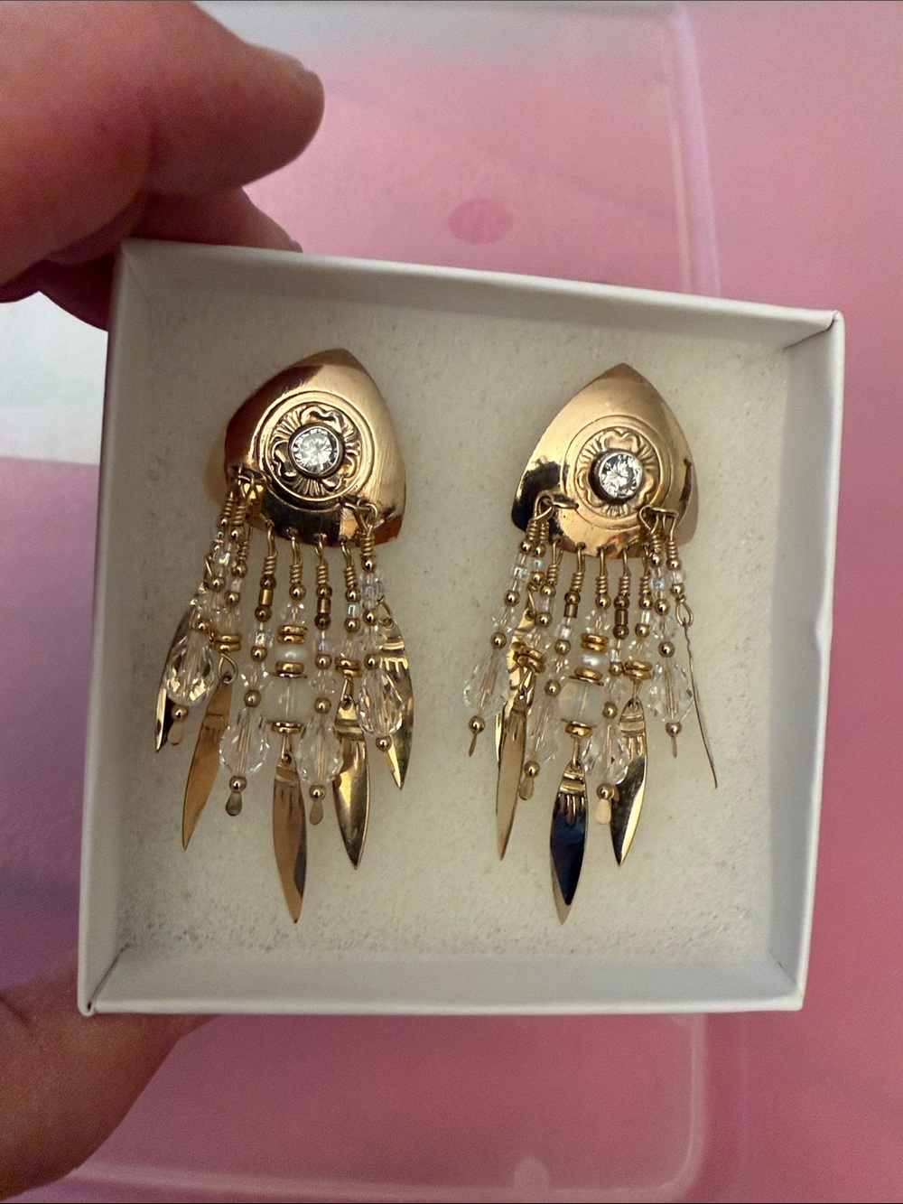 Vintage Signed TABRA 14K Gold-Filled Crystal & Pearl 9-Wire Dangle Earrings